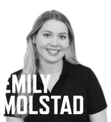 black and white photo of Emily Molstad with her name in large white font