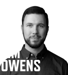 Black and white photo of Jim Owens with his name in large white font