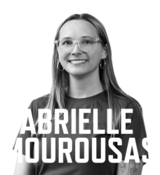 black and white photo of Gabrielle Mourousas with her name in large white font