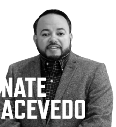 Photo of Nate Acevedo and his name in white font