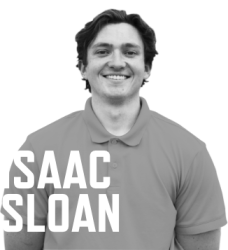 black and white photo of Isaac Sloan with his name in large white font