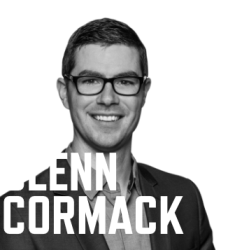 black and white photo of Glenn Cormack with his name in large white font