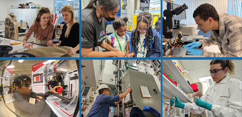 A collage of photos of students and workers interacting with advanced technologies and machinery, including a 3-D printer, scientific equipment, and textiles.
